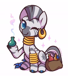 Size: 1840x2048 | Tagged: safe, artist:dawnfire, zecora, zebra, bag, bracelet, colored pupils, cute, ear piercing, earring, female, flower, jewelry, looking at you, mare, neck rings, one eye closed, piercing, plant, poison joke, potion, quadrupedal, simple background, sitting, smiling, solo, white background, wink, zecorable