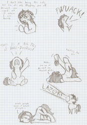 Size: 924x1323 | Tagged: safe, artist:ravenpuff, oc, oc only, oc:puffy, earth pony, pony, angry, annoyed, bust, earth pony oc, faceplant, female, freckles, goggles, graph paper, grayscale, mare, monochrome, open mouth, pointy ponies, shoop da whoop, traditional art, vent art, yelling