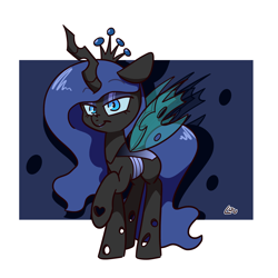 Size: 1500x1500 | Tagged: safe, artist:lou, oc, oc:queen noctuidae, changeling, changeling queen, blue changeling, blue eyes, changeling oc, changeling queen oc, commission, crown, female, jewelry, long mane, regalia, simple background, solo