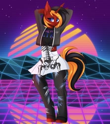 Size: 750x845 | Tagged: safe, alternate version, artist:pesty_skillengton, oc, oc only, oc:red flame, anthro, bat pony, pony, unicorn, clothes, commission, female, jojo pose, jojo's bizarre adventure, mare, no wing, outrun, skirt, solo