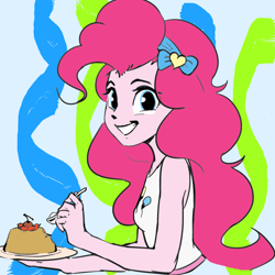 Size: 2000x2000 | Tagged: safe, artist:luciferamon, color edit, edit, pinkie pie, equestria girls, colored, flan, food, happy, pudding, sketch, smiling