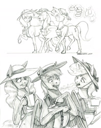 Size: 1100x1396 | Tagged: safe, artist:baron engel, oc, oc:carousel, oc:petina, oc:sky brush, earth pony, pegasus, unicorn, female, male, mare, monochrome, pencil drawing, stallion, story included, traditional art