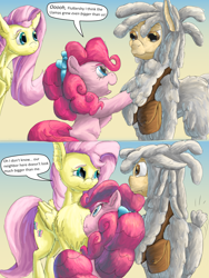 Size: 1188x1584 | Tagged: safe, artist:firefanatic, fluttershy, pinkie pie, earth pony, llama, pegasus, pony, :3, alternate design, bow, chest fluff, cute, digital art, dreadlocks, long mane, satchel, size difference, smiling, surprised, tallershy