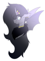 Size: 1362x1845 | Tagged: safe, artist:chazmazda, oc, oc:silhouette, bat pony, pony, bat wings, chest fluff, commission, commissions open, crown, digital art, ear piercing, earring, fluffy, hightlights, horn, jewelry, long hair, necklace, piercing, regalia, scared, shade, shading, shine, simple background, solo, transparent background, wings, your character here