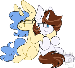 Size: 1654x1508 | Tagged: safe, artist:maximumbark, oc, oc only, oc:eleos, pony, unicorn, female, glasses, hug, mare, simple background, transparent background