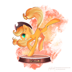 Size: 1200x1200 | Tagged: safe, artist:greyredroy, derpibooru import, applejack, earth pony, pony, fallout equestria, abstract background, bucking, cowboy hat, fanfic, fanfic art, female, grin, hat, hooves, mare, ministry mares, ministry mares statuette, smiling, solo