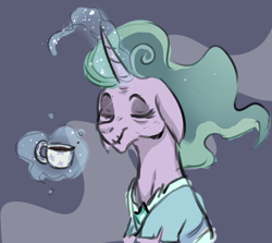 Size: 862x768 | Tagged: safe, artist:no-name-blog-scree, mistmane, pony, abstract background, clothes, cup, ethereal mane, eyes closed, female, floppy ears, glowing horn, horn, mare, request, smiling, solo, teacup