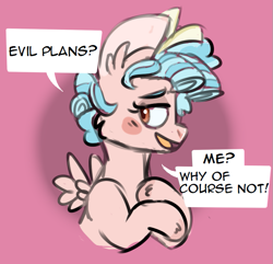 Size: 717x692 | Tagged: safe, artist:no-name-blog-scree, cozy glow, pegasus, pony, abstract background, blatant lies, blushing, female, filly, lidded eyes, open mouth, request, solo, speech, speech bubble, spread wings, wings