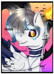 Size: 1680x2268 | Tagged: safe, artist:chazmazda, oc, oc:atlas, alicorn, demon, pony, coat markings, colored, colored wings, commission, commissions open, digital art, error, fangs, fire, flat colors, flower necklace, glitch, gradient background, gradient horn, gradient mane, gradient tail, gradient wings, happy, horn, horns, jewelry, necklace, oultine, profile, profile picture, shade, smiling, solo, third eye, three eyes, three tails, wings