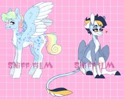 Size: 1024x814 | Tagged: safe, artist:mcwolfity, oc, oc only, pegasus, pony, abstract background, colored hooves, duo, heart, leonine tail, pegasus oc, rainbow tail, watermark, wings