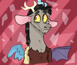Size: 909x768 | Tagged: safe, artist:no-name-blog-scree, discord, draconequus, abstract background, cute, discute, floppy ears, looking sideways, male, request, smiling, solo, spread wings, wings, younger