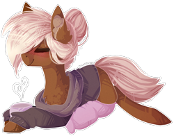 Size: 2090x1640 | Tagged: safe, artist:mcwolfity, oc, oc only, earth pony, pony, blushing, chest fluff, clothes, coffee, cup, earth pony oc, eyes closed, hair bun, hair over one eye, mug, outline, prone, simple background, solo, transparent background