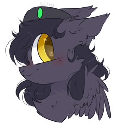 Size: 1391x1528 | Tagged: safe, artist:silvexxx, edit, oc, oc:mir, pegasus, beret, blushing, bust, chest fluff, ear fluff, female, hat, looking back, portrait, simple background, smiling, sticker, transparent background