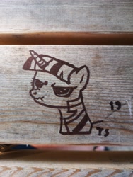 Size: 3464x4618 | Tagged: safe, artist:porschepegasus, twilight sparkle, pony, unicorn, angery, bust, lineart, marker, marker drawing, marker on wood, photo, scrunchy face, traditional art, vandalism, wood