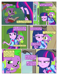 Size: 612x792 | Tagged: safe, artist:greatdinn, artist:newbiespud, edit, edited screencap, screencap, spike, twilight sparkle, dog, collaboration, comic:friendship is dragons, equestria girls, equestria girls (movie), backpack, book, clothes, collar, comic, cutie mark, cutie mark on clothes, dialogue, female, frown, locker, male, sad, screencap comic, spike the dog, spiked collar, unamused