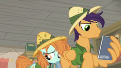 Size: 1920x1080 | Tagged: safe, screencap, peach fuzz, earth pony, pegasus, pony, daring doubt, angry, annoyed, book, bookstore, chest hair, daring do costume, endeavour, female, filly, hat, implied father and daughter, male, pith helmet, sad, stallion, wing hands, wings