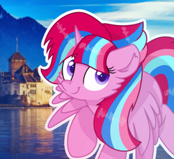 Size: 961x875 | Tagged: safe, artist:rainbow eevee, oc, oc only, oc:bubble sparkle, beautiful, building, flying, icon, lake, looking at you, magical lesbian spawn, magical threesome spawn, multiple parents, offspring, parent:glitter drops, parent:spring rain, parent:tempest shadow, parent:twilight sparkle, parents:glittershadow, parents:sprglitemplight, parents:springdrops, parents:springshadow, parents:springshadowdrops, smiling, solo, switzerland