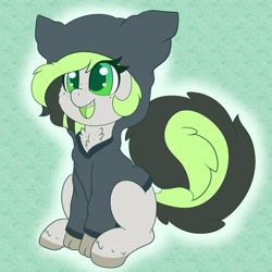 Size: 898x898 | Tagged: safe, artist:pegamutt, oc, oc:bree jetpaw, pegasus, pony, clothes, cute, freckles, green background, green eyes, hoodie, jacket, ocbetes, open mouth, simple background, solo, this will end in cuddles, weapons-grade cute