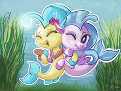 Size: 2224x1668 | Tagged: safe, artist:catscratchpaper, princess skystar, silverstream, seapony (g4), my little pony: the movie, chibi, cousins, cute, diastreamies, duo, eyes closed, female, fins, flower, flower in hair, hug, jewelry, necklace, ocean, one eye closed, pearl necklace, seashell necklace, side by side, skyabetes, smiling, underwater, water, wink