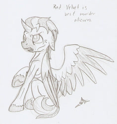 Size: 663x701 | Tagged: safe, artist:ravenpuff, oc, oc only, oc:red velvet, alicorn, pony, fallout equestria, alicorn oc, alicornified, grayscale, monochrome, race swap, solo, speech, traditional art, underhoof, unshorn fetlocks