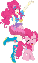 Size: 3667x6000 | Tagged: safe, artist:pink1ejack, pinkie pie, human, pony, equestria girls, absurd resolution, boots, clothes, cute, eyes closed, female, human coloration, human ponidox, humanized, jacket, kotobukiya, kotobukiya pinkie pie, miniskirt, moe, open mouth, ponytail, raised leg, self ponidox, shoes, simple background, skirt, smiling, solo, transparent background, vector