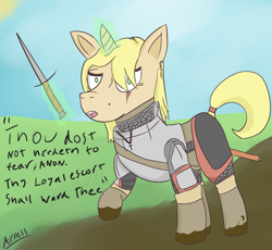 Size: 2656x2446 | Tagged: safe, artist:arrell, oc, oc:stalwart crusader, pony, unicorn, blonde, cross, elizabethan, fantasy class, female, glowing horn, horn, knight, looking at you, mud, scar, solo, sword, warrior, weapon