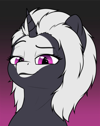 Size: 1406x1772 | Tagged: safe, artist:zippysqrl, oc, oc only, oc:s.leech, pony, unicorn, bust, female, gradient background, lidded eyes, lipstick, looking at you, raised eyebrow, slit eyes, smiling, smirk, solo