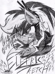 Size: 1458x1940 | Tagged: safe, artist:petanoprime, oc, oc only, oc:electric sketch, pegasus, pony, bust, chest fluff, choker, clothes, female, freckles, frown, grayscale, hairpin, lightning, mare, monochrome, pegasus oc, signature, tattoo, text, traditional art, wings