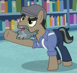 Size: 1043x983 | Tagged: safe, screencap, doctor caballeron, earth pony, pony, daring doubt, bookshelf, clothes, cropped, disguise, fake beard, flat cap, george r.r. martin, groom q.q. martingale, hat, male, martingale, pants, pointing, shirt, solo, stallion