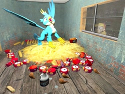 Size: 1024x768 | Tagged: safe, artist:horsesplease, gallus, bird, chicken, 3d, alarm clock, angry, bleach, carnivore, clock, corn, crowing, food, gallus the rooster, gmod, griffons doing griffon things, kfc, nest, star butterfly, star vs the forces of evil