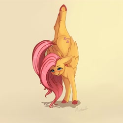 Size: 4000x4000 | Tagged: safe, artist:miokomata, fluttershy, pegasus, pony, backbend, badass, badass adorable, blushing, chest fluff, cute, dock, female, flexible, flutterbadass, freckles, freckleshy, handstand, mare, open mouth, shyabetes, signature, simple background, solo, underhoof, upside down, yoga