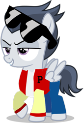 Size: 593x867 | Tagged: safe, artist:chrzanek97, artist:jawsandgumballfan24, edit, rumble, pegasus, pony, 80's fashion, 80s, clothes, colt, foal, letterman jacket, male, pants, simple background, solo, sunglasses, transparent background