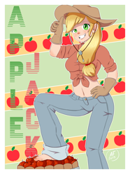 Size: 2680x3607 | Tagged: safe, artist:artyfour, derpibooru import, applejack, human, apple, belly button, clothes, complex background, cowboy hat, female, food, gloves, hat, humanized, jeans, looking at you, pants, shirt, solo, stetson