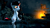 Size: 3840x2160 | Tagged: safe, artist:psfmer, oc, oc:blackjack, pony, unicorn, fallout equestria, fallout equestria: project horizons, 3d, 4k, debris, dirty, dock, fanfic art, female, fire, glowing eyes, gun, shotgun, sitting, solo, source filmmaker, wasteland, weapon