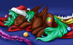 Size: 1426x882 | Tagged: safe, artist:28gooddays, oc, oc only, oc:equie, alicorn, pony, alicorn oc, christmas, decoration, garland, hat, holiday, ornaments, santa hat, sleeping, solo