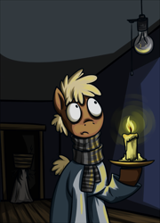 Size: 790x1100 | Tagged: safe, artist:28gooddays, pony, bags under eyes, candle, clothes, horror, knock-knock, light bulb, monster, pajamas, ponified, scarf, solo, the lodger