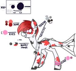 Size: 2535x2366 | Tagged: safe, artist:mcwolfity, oc, oc only, fish, merpony, ear piercing, eye clipping through hair, grin, jewelry, koi, necklace, parents:oc x oc, piercing, reference sheet, simple background, smiling, solo, text, transparent background, wristband, yin-yang