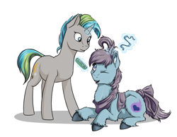 Size: 1201x931 | Tagged: safe, artist:28gooddays, oc, oc only, earth pony, pony, unicorn, brushing, duo, simple background