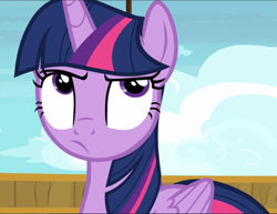 Size: 1217x940 | Tagged: safe, screencap, twilight sparkle, twilight sparkle (alicorn), alicorn, once upon a zeppelin, cropped, solo, twilight is not amused, unamused