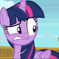 Size: 950x941 | Tagged: safe, screencap, twilight sparkle, twilight sparkle (alicorn), alicorn, once upon a zeppelin, cropped, solo, weirded out