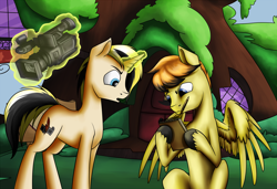 Size: 1300x889 | Tagged: safe, artist:28gooddays, oc, oc only, oc:desable, pegasus, pony, unicorn, camera, golden oaks library, magic, mouth hold, notebook, pencil, script, telekinesis