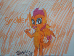 Size: 1280x960 | Tagged: safe, artist:johng15, smolder, dragon, female, signature, simple background, solo, text, traditional art