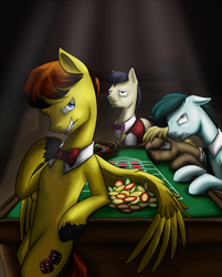 Size: 1200x1490 | Tagged: safe, artist:28gooddays, oc, oc only, oc:desable, earth pony, pegasus, pony, bowtie, casino, chips, food