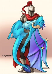 Size: 1280x1811 | Tagged: safe, artist:roemesquita, princess ember, anthro, dragon, human, abduction, armor, breasts, carrying, commission, deviantart watermark, dragoness, eyes closed, featureless breasts, female, kidnapped, knight, male, obtrusive watermark, princess embreast, signature, simple background, watermark, wrong damsel