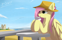 Size: 2560x1650 | Tagged: safe, artist:ssnerdy, fluttershy, pegasus, pony, beach, building, cloud, drink, drinking, female, flower, hat, mare, sky, solo, speedpaint available, straw