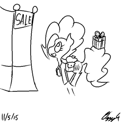 Size: 512x512 | Tagged: safe, artist:ozzyg, pinkie pie, earth pony, pony, bag, bouncing, female, mare, monochrome, saddle bag, solo