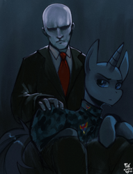 Size: 918x1200 | Tagged: safe, artist:foxinshadow, oc, oc:flint, human, pony, unicorn, agent 47, bald, clothes, hitman, male, military uniform, necktie, petting, shirt, sitting on lap, stallion, suit