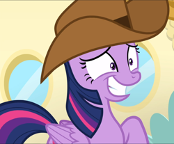 Size: 1132x939 | Tagged: safe, screencap, twilight sparkle, twilight sparkle (alicorn), alicorn, pony, once upon a zeppelin, cowboy hat, cropped, faic, fake smile, female, hat, mare, solo, wide eyes