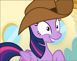 Size: 1176x942 | Tagged: safe, screencap, twilight sparkle, twilight sparkle (alicorn), alicorn, once upon a zeppelin, cowboy hat, cropped, hat, smiling, solo