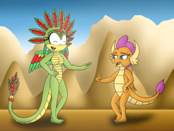 Size: 2100x1575 | Tagged: safe, artist:chipthehedgehog, smolder, oc, oc:ichtaca the quetzalcoatl, dragon, breasts, crossover, dragoness, female, non-mlp oc, quetzalcoatl, sonic the hedgehog (series)